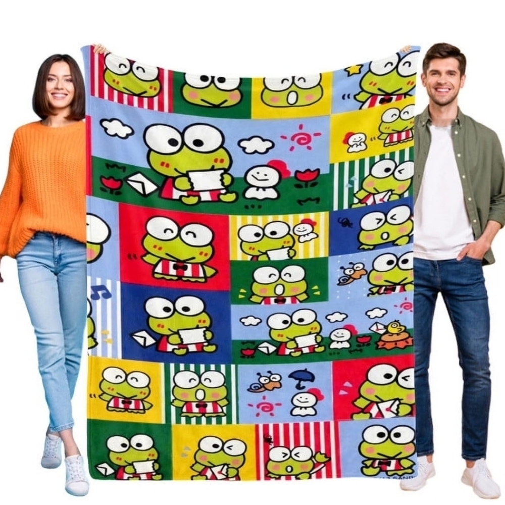 Sanrio Keroppi multi-portrait grid fleece throw blanket.  40x50